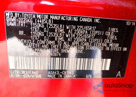 2015 Toyota Rav4 Xle z USA, uszkodzony, nr VIN 2T3WFREV5FW140874